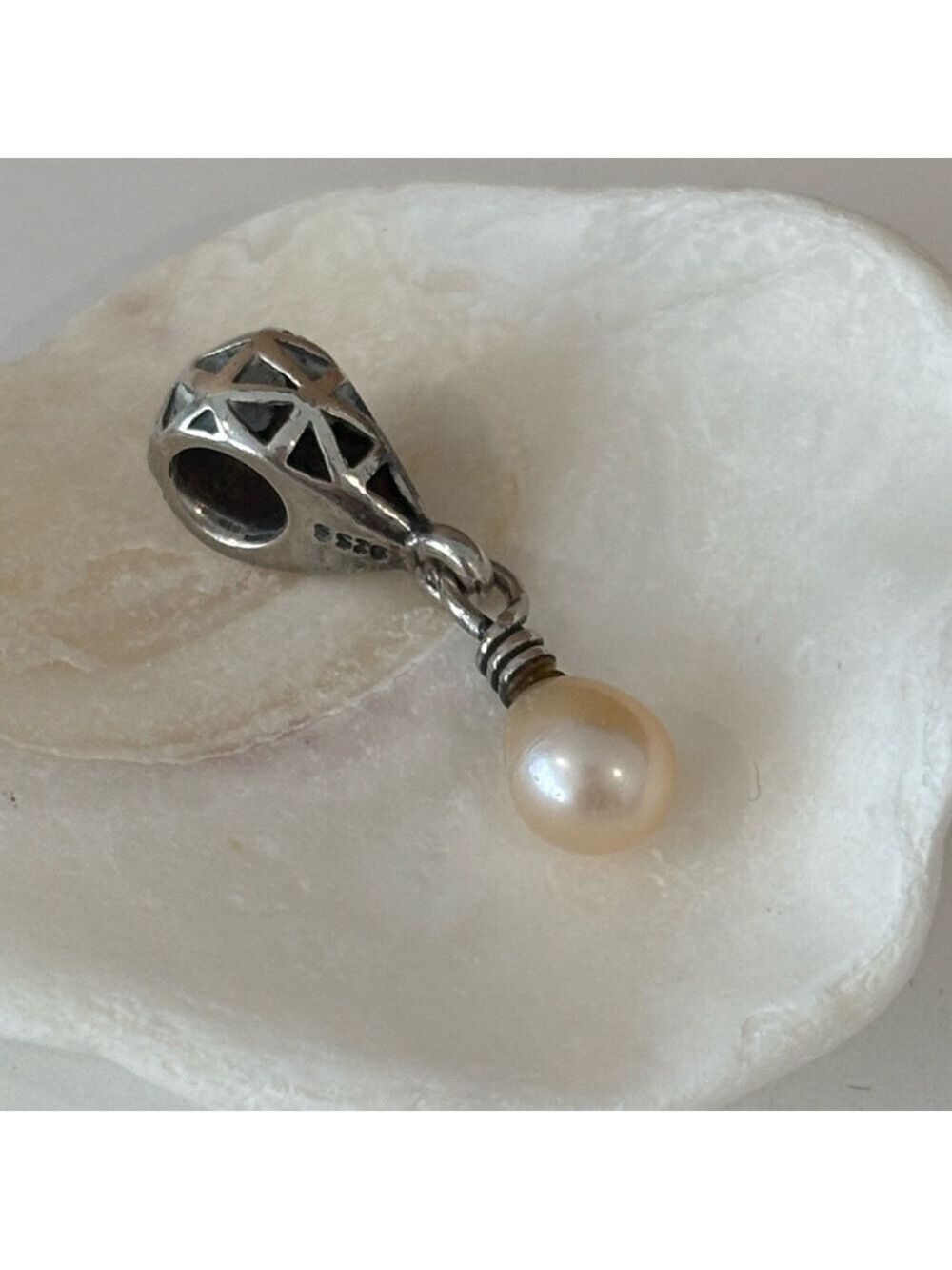 TROLLBEADS white pearl drop charm sterling silver marked 925 LAA retired bead